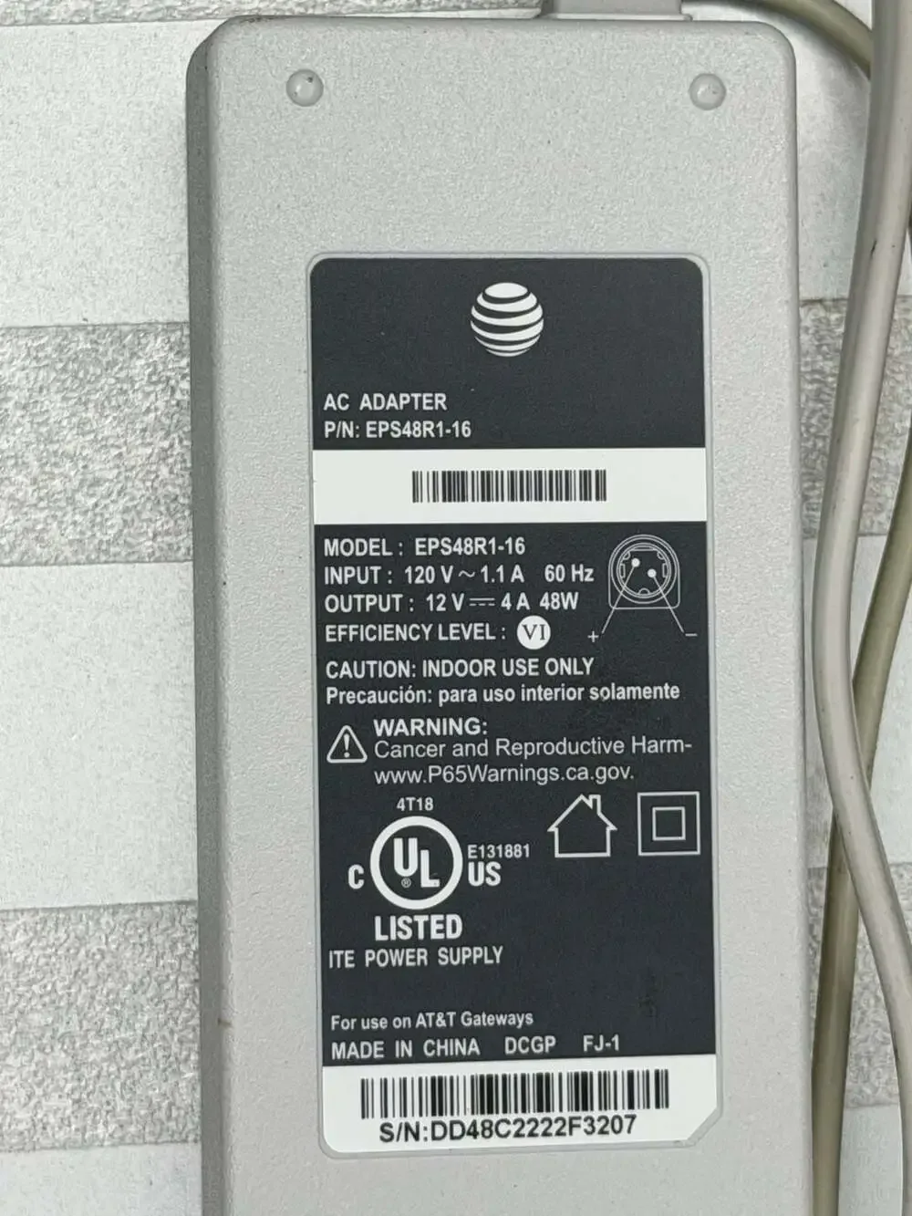 AT&T Gateway AC Power Adapter Model EPS48R1-16 12V 4A 48W
